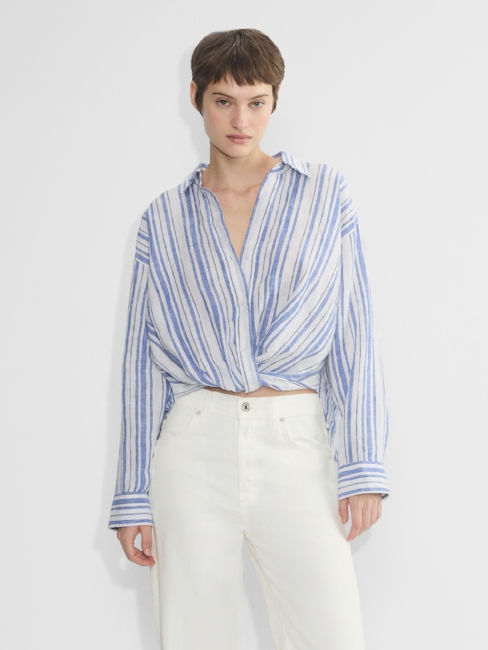 aritzia portofino linen button up blouse pinstripe little moon XS